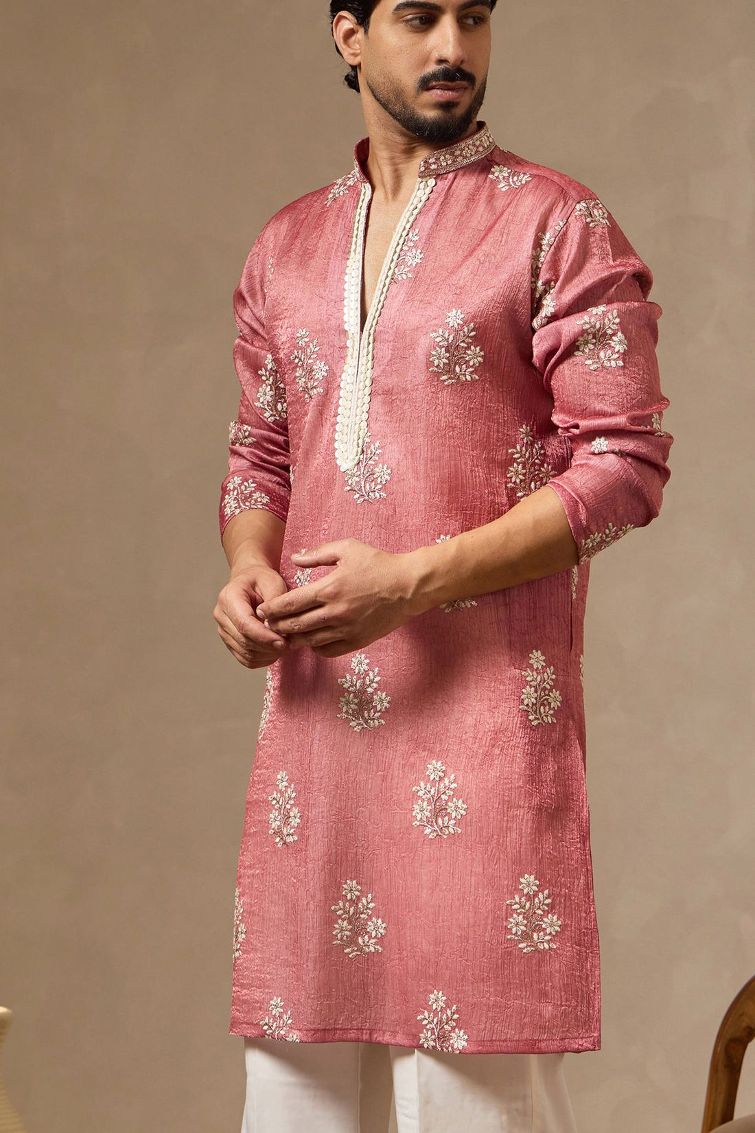Onion Pink Floral Kurta with Korean Pants – Silk Chinon | Laromani A/W 2026