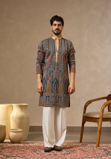 Rama Green Regal Placement Print Embroidered Kurta Set for Men | Laromani A/W 2026