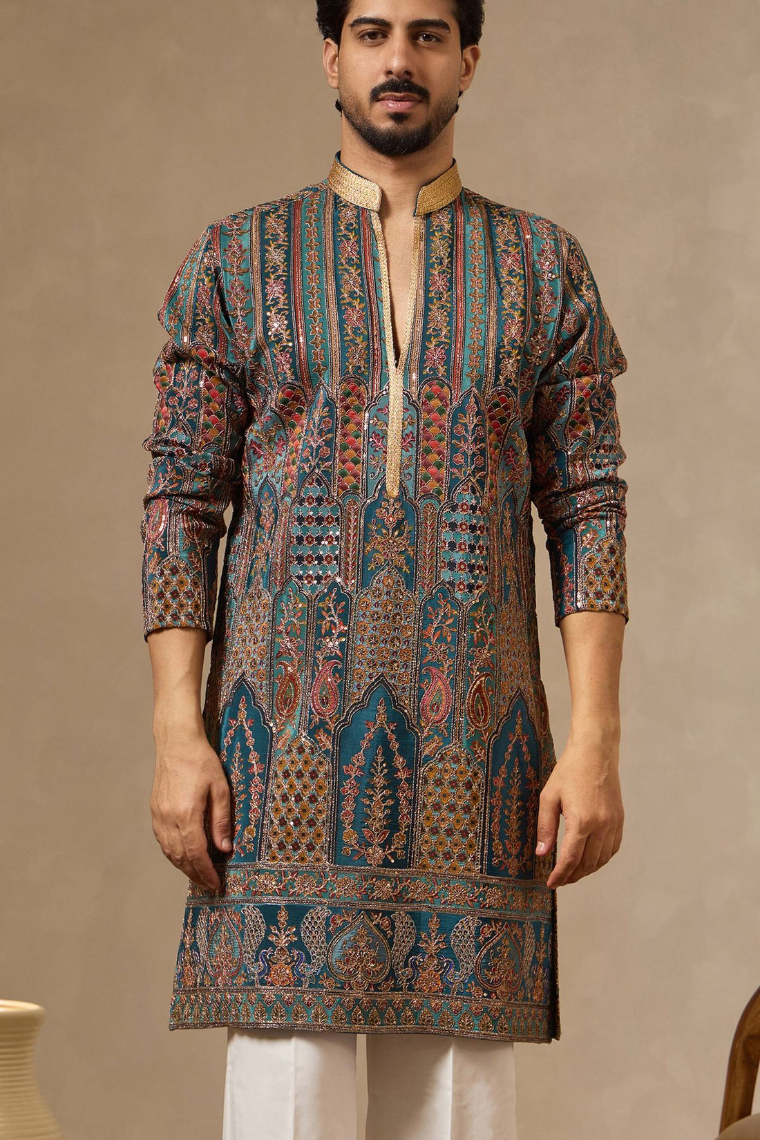 Rama Green Regal Placement Print Embroidered Kurta Set for Men | Laromani A/W 2026