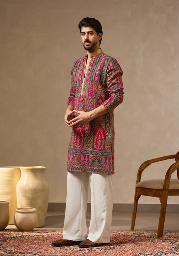 Rani Pink Regal Placement Print Embroidered Kurta Set for Men | Laromani A/W 2026