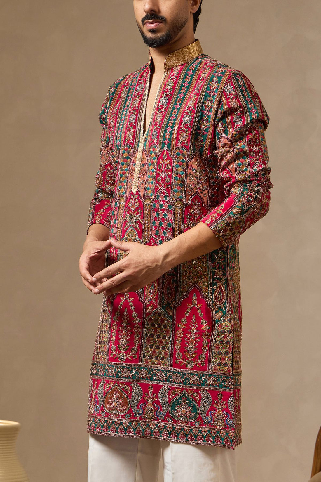 Rani Pink Regal Placement Print Embroidered Kurta Set for Men | Laromani A/W 2026