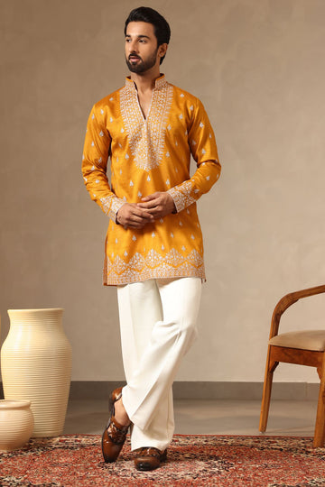 Mustard Yellow V-Neck Short Kurta Set with Pitta Work for Men