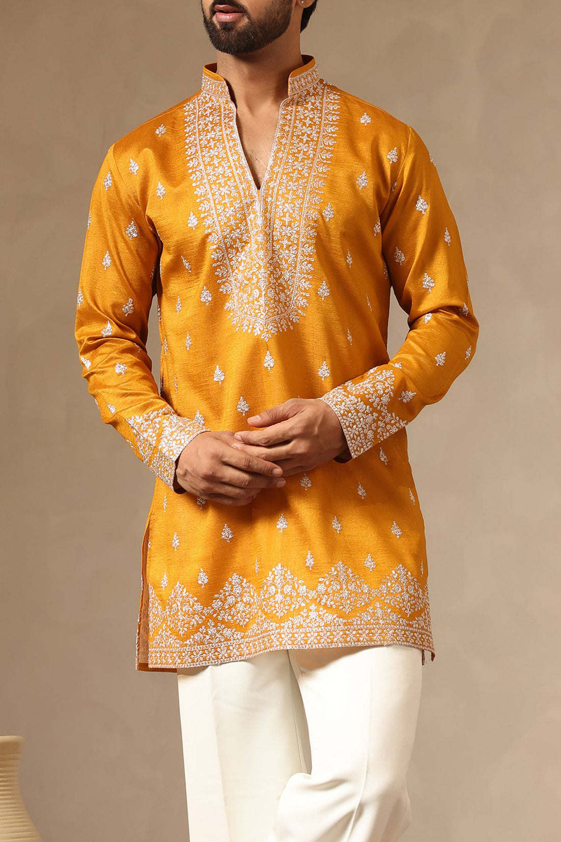 Mustard Yellow V-Neck Short Kurta Set with Pitta Work for Men