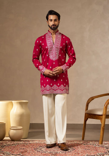 Rani Pink V-Neck Short Kurta Set with Pitta Work for Men