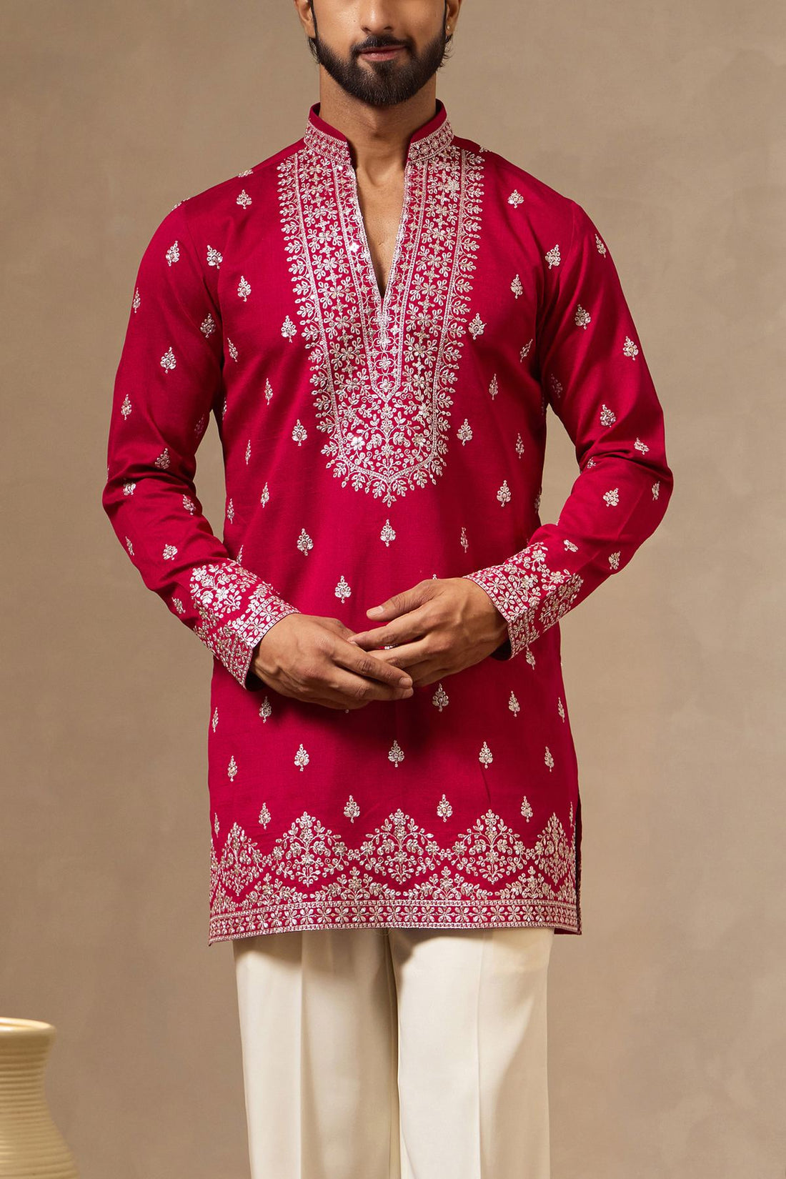 Rani Pink V-Neck Short Kurta Set with Pitta Work for Men
