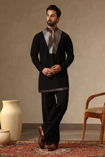 Designer Black Kurta with unique Zari Embroidered Yoke & Standing Collar. Straight-fit Pants. Perfect for Receptions & Festive Nights.
