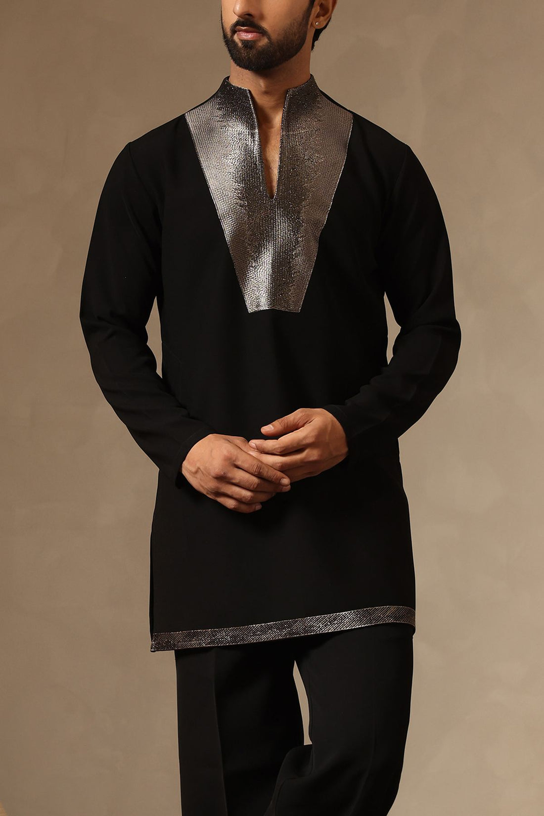 Designer Black Kurta with unique Zari Embroidered Yoke & Standing Collar. Straight-fit Pants. Perfect for Receptions & Festive Nights.