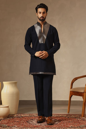 Designer Navy Blue Kurta with unique Zari Embroidered Yoke & Standing Collar. Straight-fit Pants. Perfect for Receptions & Festive Nights.