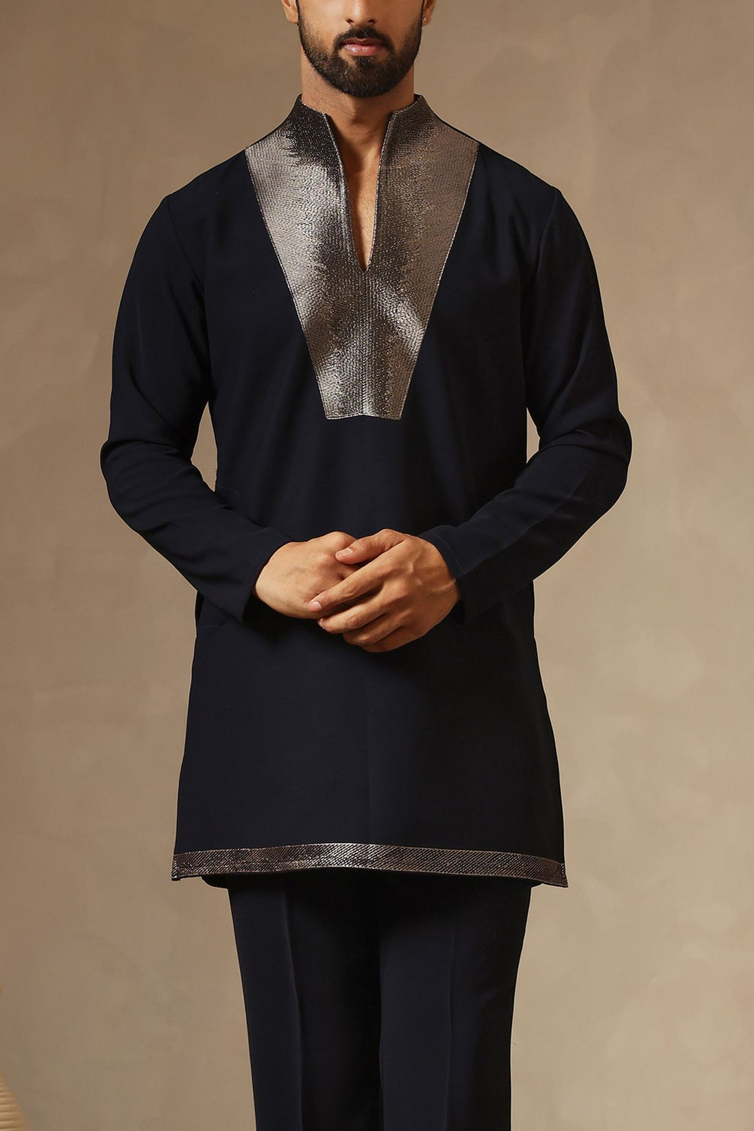 Designer Navy Blue Kurta with unique Zari Embroidered Yoke & Standing Collar. Straight-fit Pants. Perfect for Receptions & Festive Nights.