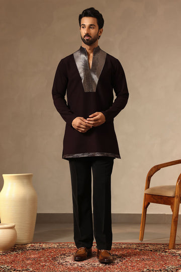Designer Wine Kurta with unique Zari Embroidered Yoke & Standing Collar. Straight-fit Pants. Perfect for Receptions & Festive Nights.