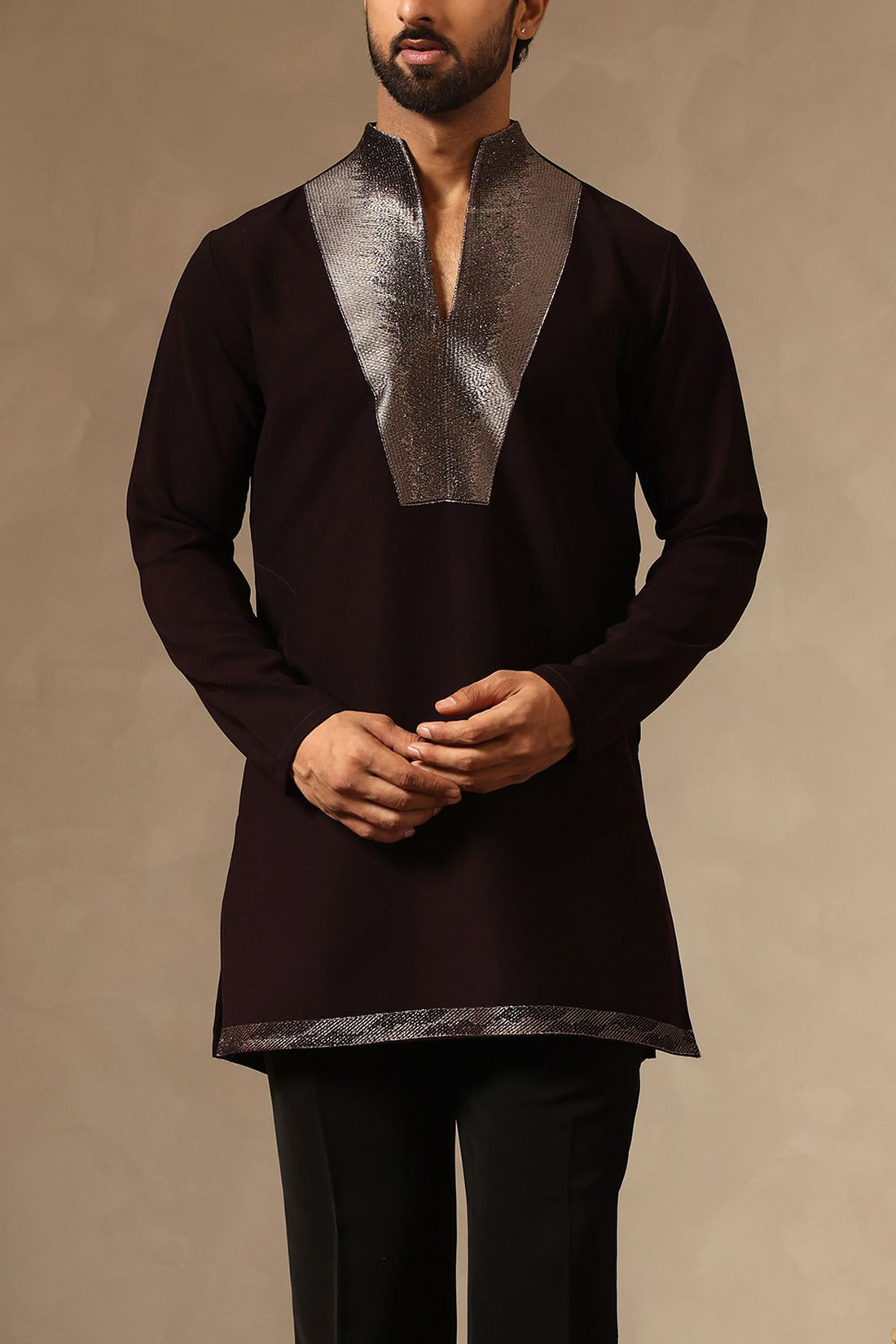 Designer Wine Kurta with unique Zari Embroidered Yoke & Standing Collar. Straight-fit Pants. Perfect for Receptions & Festive Nights.