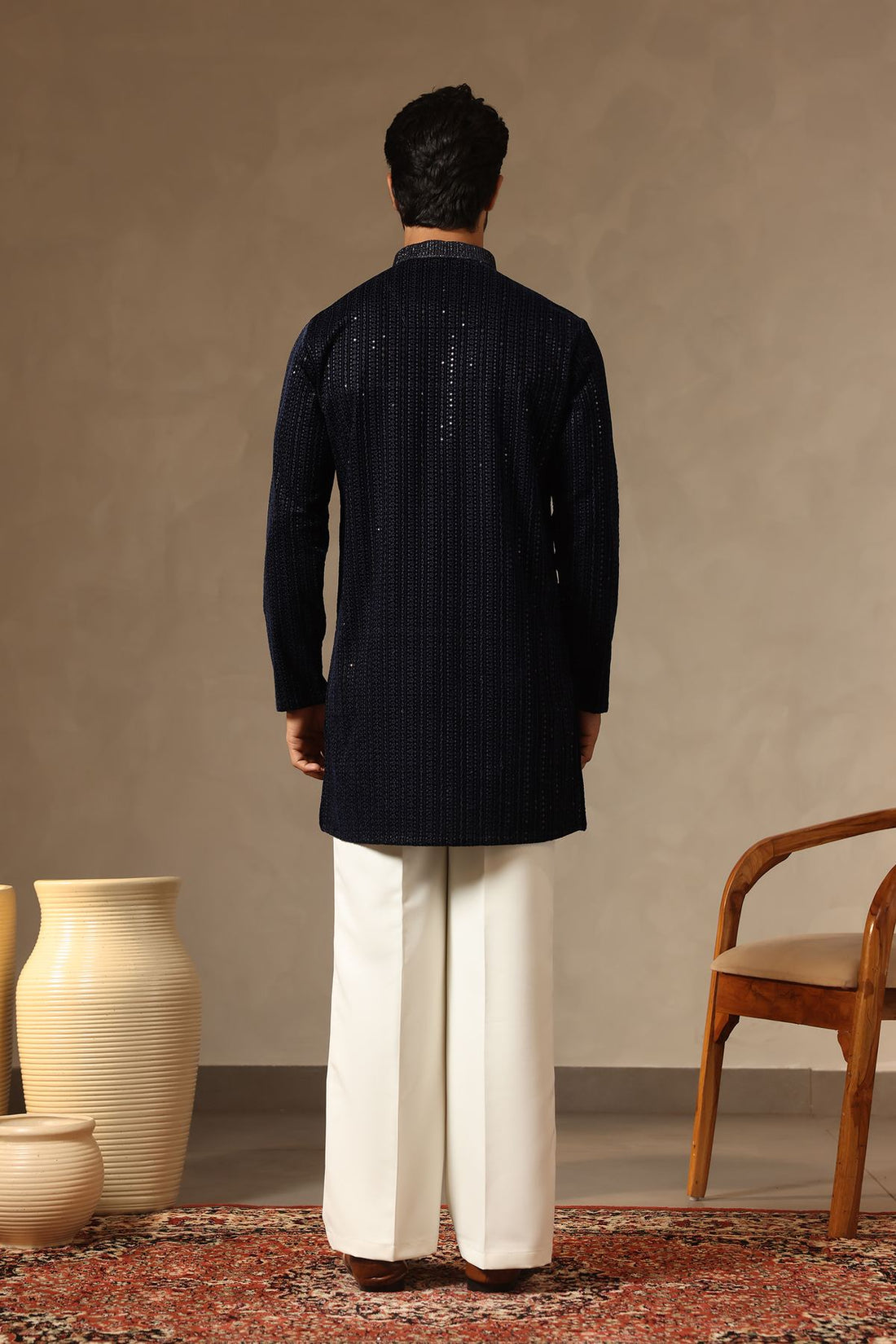 Premium Navy Blue Velvet Kurta with Stone Work on yoke & Korean Pants. Perfect for Wedding Ceremonies. Shop Laromani