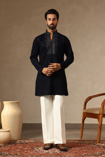 Premium Navy Blue Velvet Kurta with Stone Work on yoke & Korean Pants. Perfect for Wedding Ceremonies. Shop Laromani