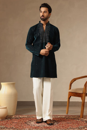 Premium Peacock Green Velvet Kurta with Stone Work on yoke & Korean Pants. Perfect for Wedding Ceremonies. Shop Laromani