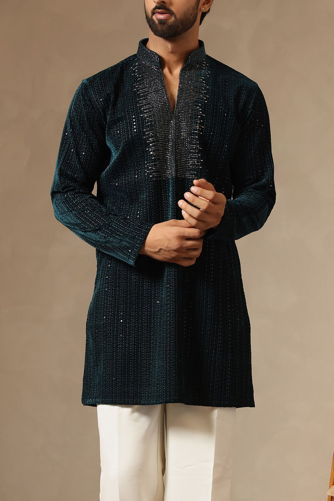 Premium Peacock Green Velvet Kurta with Stone Work on yoke & Korean Pants. Perfect for Wedding Ceremonies. Shop Laromani