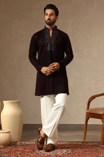 Premium Wine Velvet Kurta with Stone Work on yoke & Korean Pants. Perfect for Wedding Ceremonies. Shop Laromani