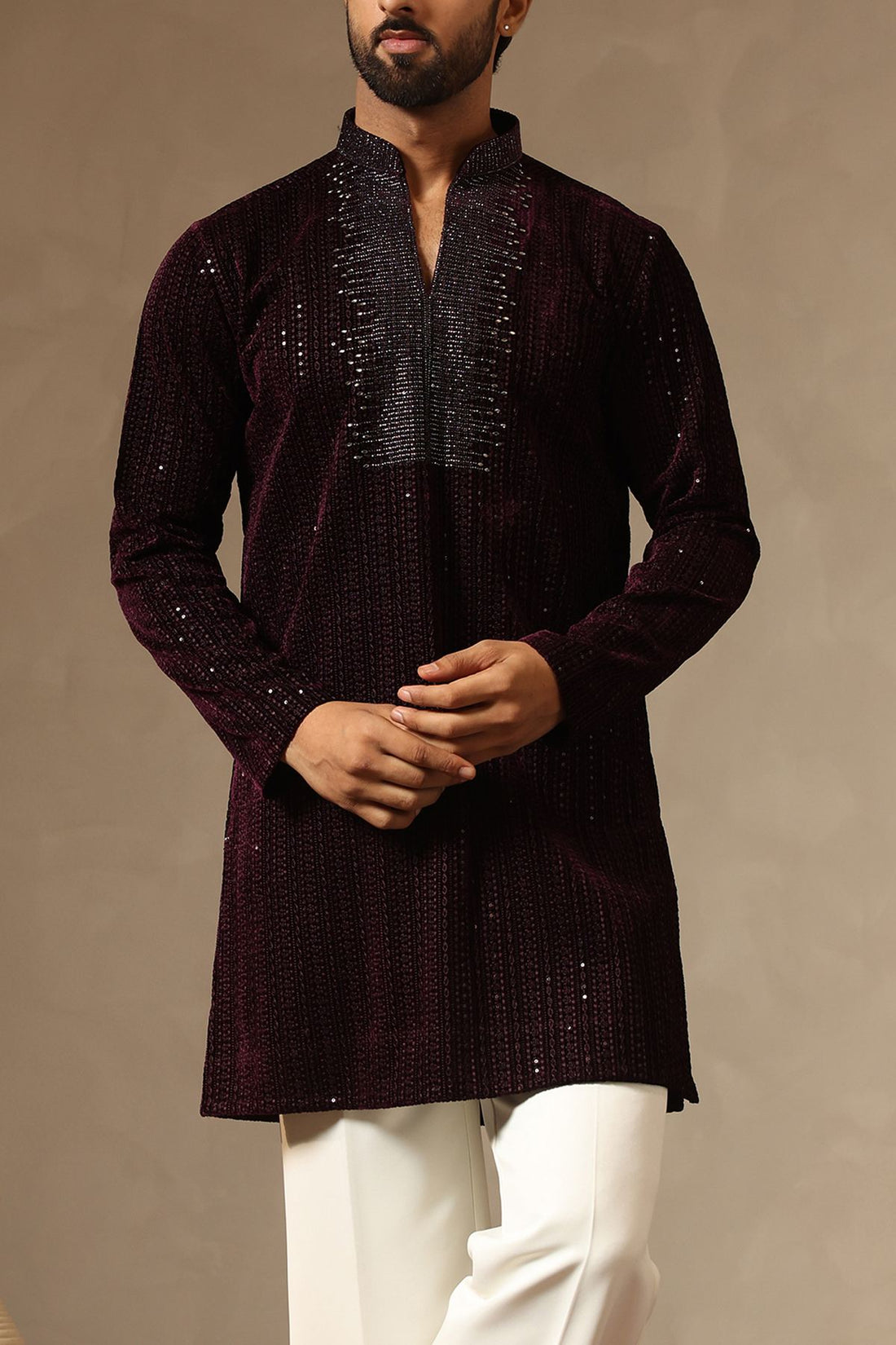 Premium Wine Velvet Kurta with Stone Work on yoke & Korean Pants. Perfect for Wedding Ceremonies. Shop Laromani