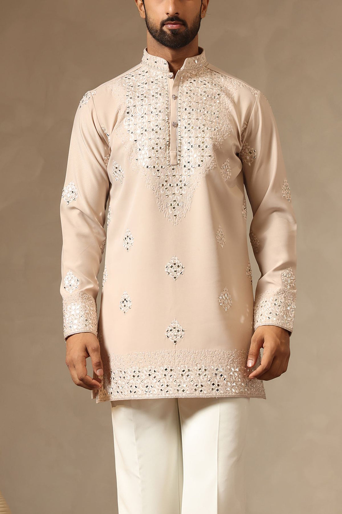 Fawn Embroidered Kurta with Mirror Work – Bestseller | Laromani