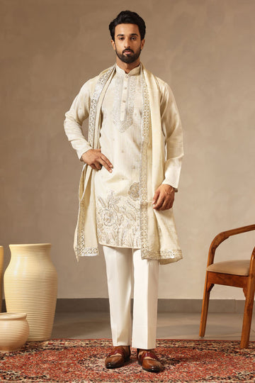 Fawn Tissue Kurta Set with Zari Embroidery & Dupatta | Laromani