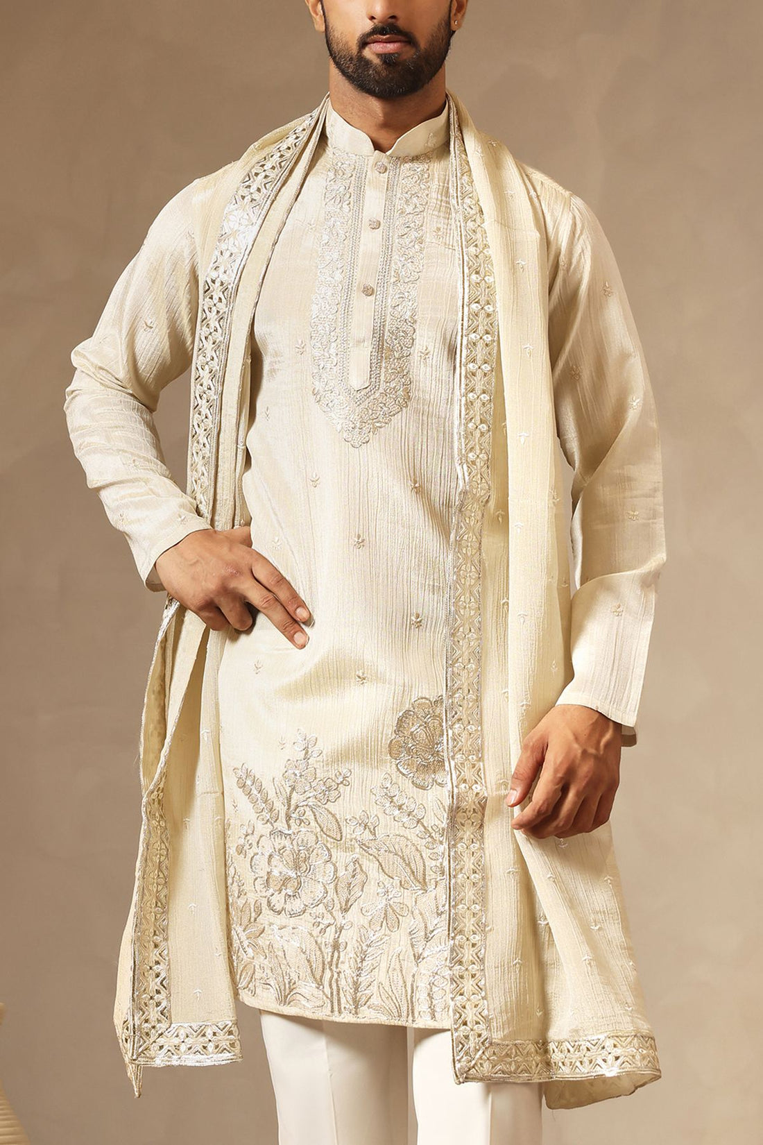 Fawn Tissue Kurta Set with Zari Embroidery & Dupatta | Laromani