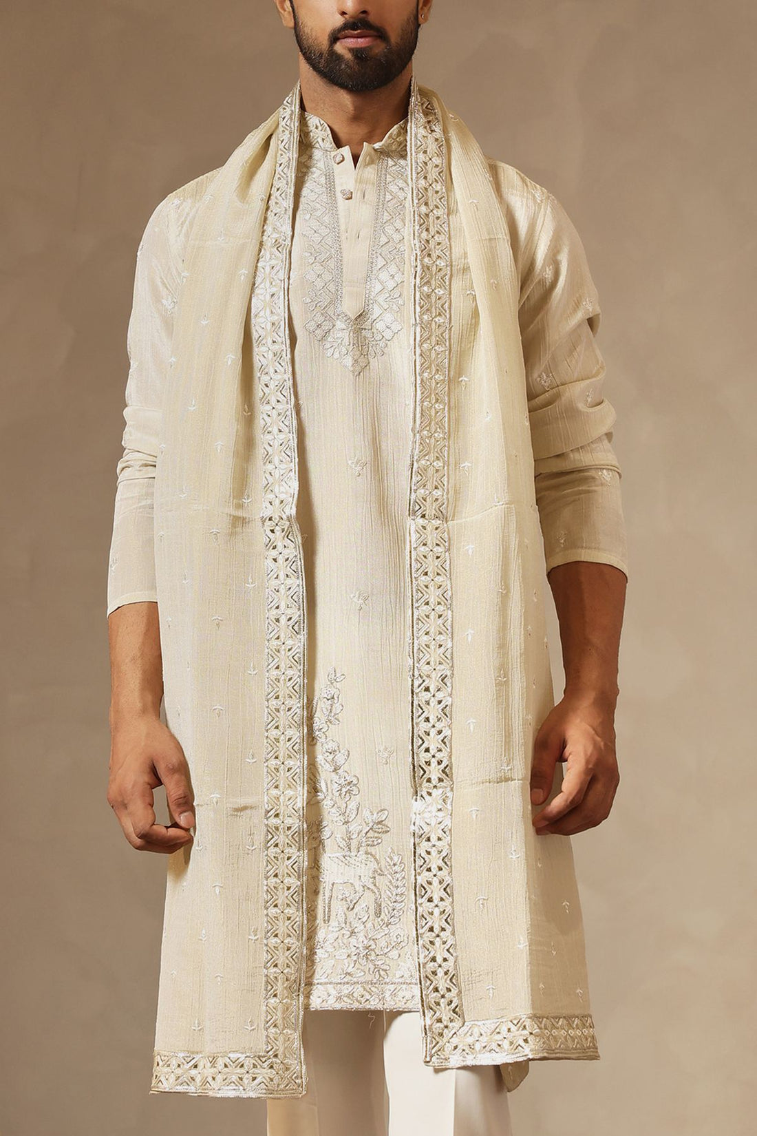 Fawn Tissue Kurta Set with Zari Embroidery & Dupatta | Laromani
