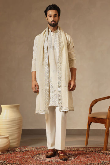 Fawn Tissue Kurta Set with Zari Embroidery & Dupatta | Laromani