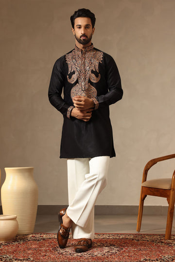 Black Multi-Thread Embroidered Velvet Silk Kurta for Men | Laromani
