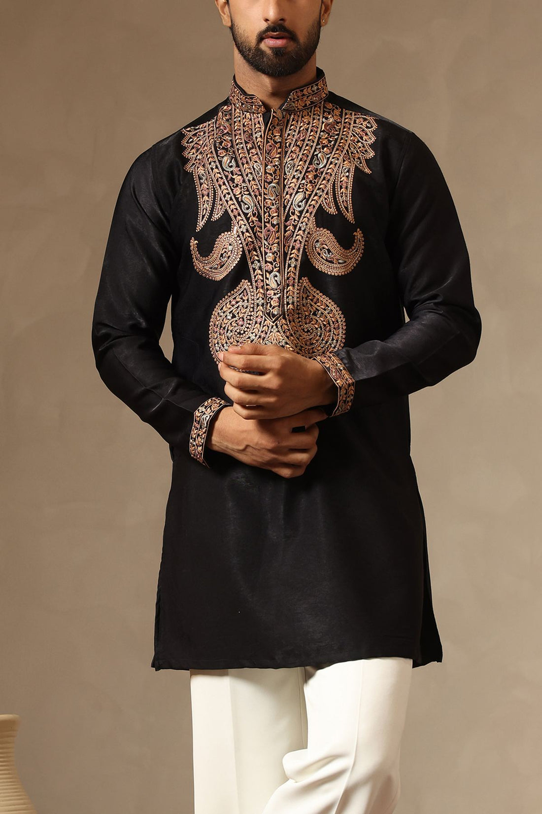 Black Multi-Thread Embroidered Velvet Silk Kurta for Men | Laromani