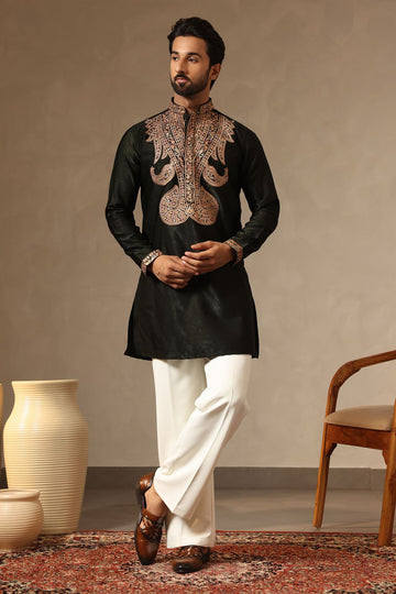 Deep Green Multi-Thread Embroidered Velvet Silk Kurta for Men | Laromani
