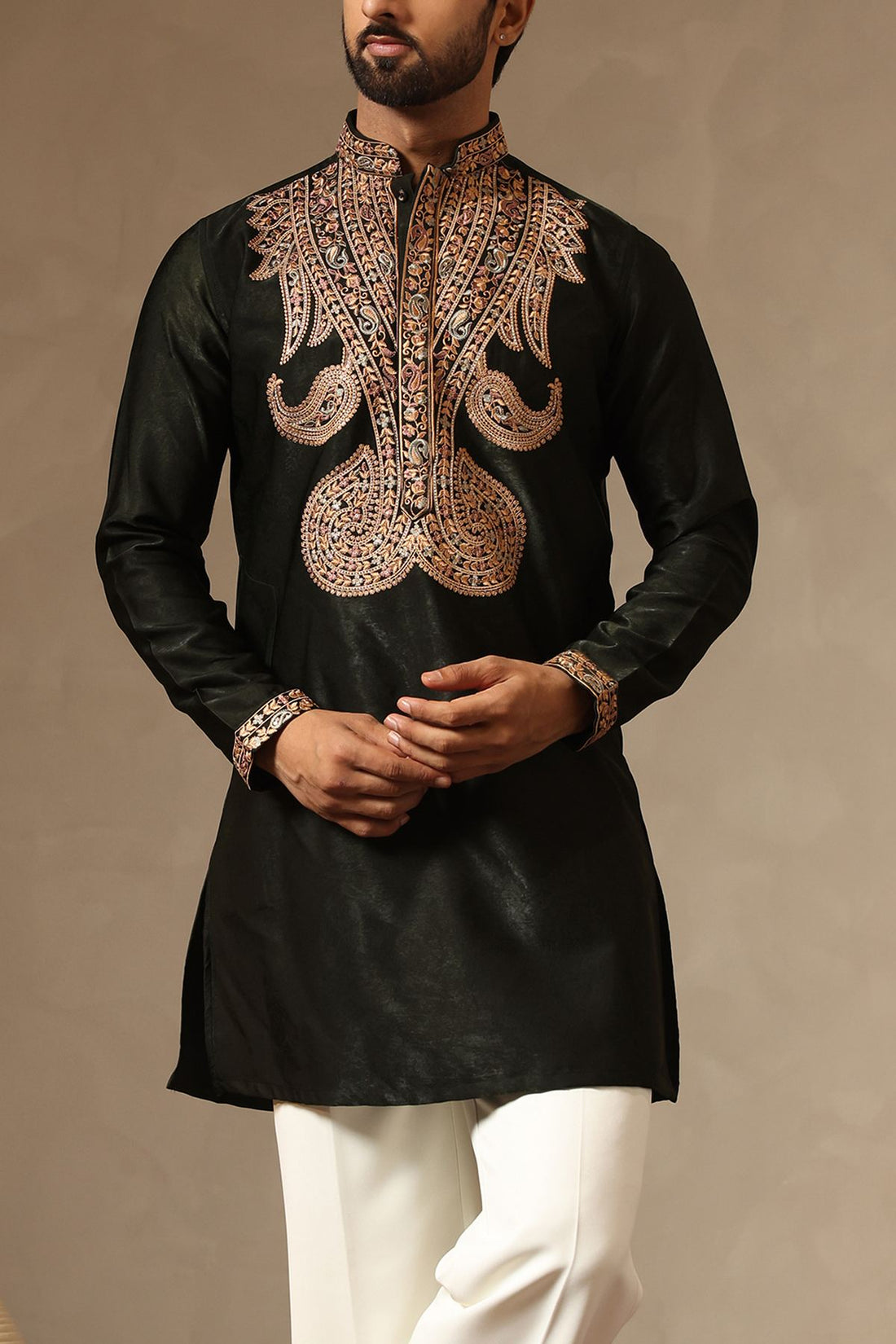 Deep Green Multi-Thread Embroidered Velvet Silk Kurta for Men | Laromani