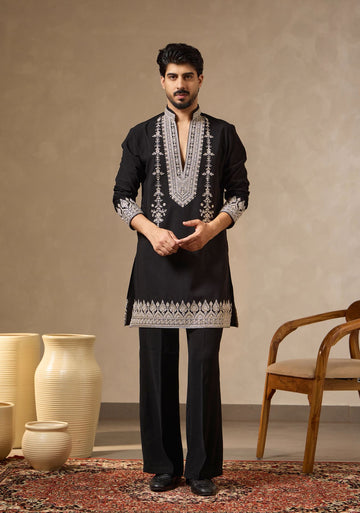 Black Premium V-Neck Designer Kurta Set with Zari & Beadwork | Laromani