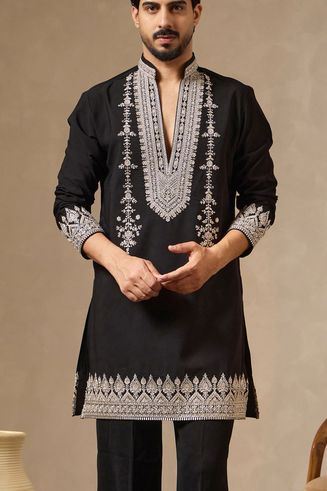 Black Premium V-Neck Designer Kurta Set with Zari & Beadwork | Laromani