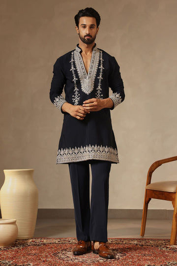 Navy Blue Premium V-Neck Designer Kurta Set with Zari & Beadwork | Laromani