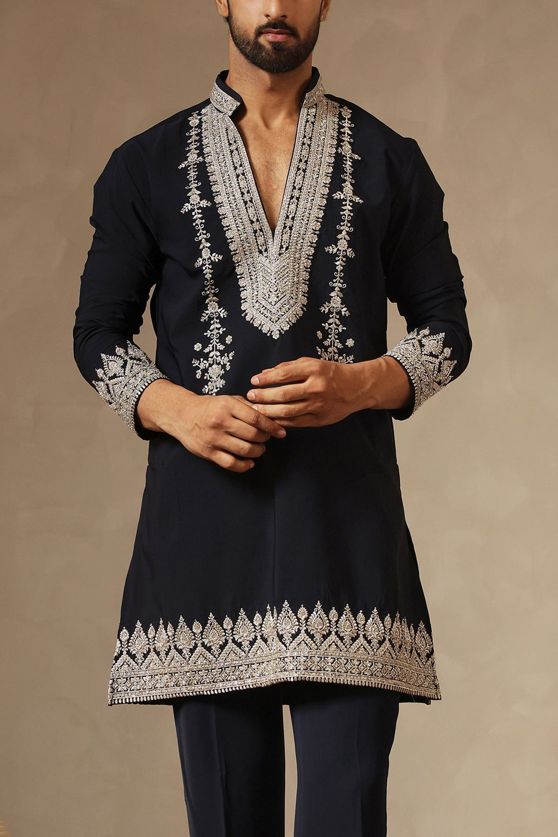 Navy Blue Premium V-Neck Designer Kurta Set with Zari & Beadwork | Laromani