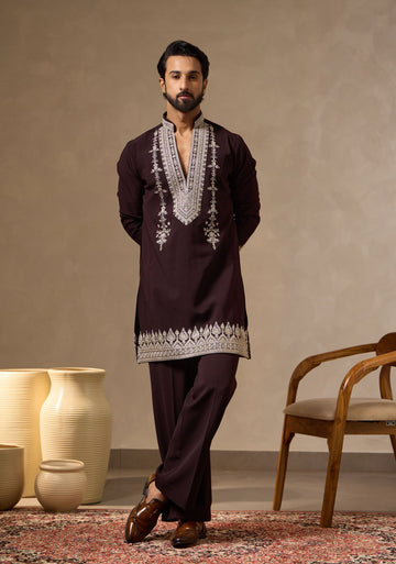 Wine Premium V-Neck Designer Kurta Set with Zari & Beadwork | Laromani