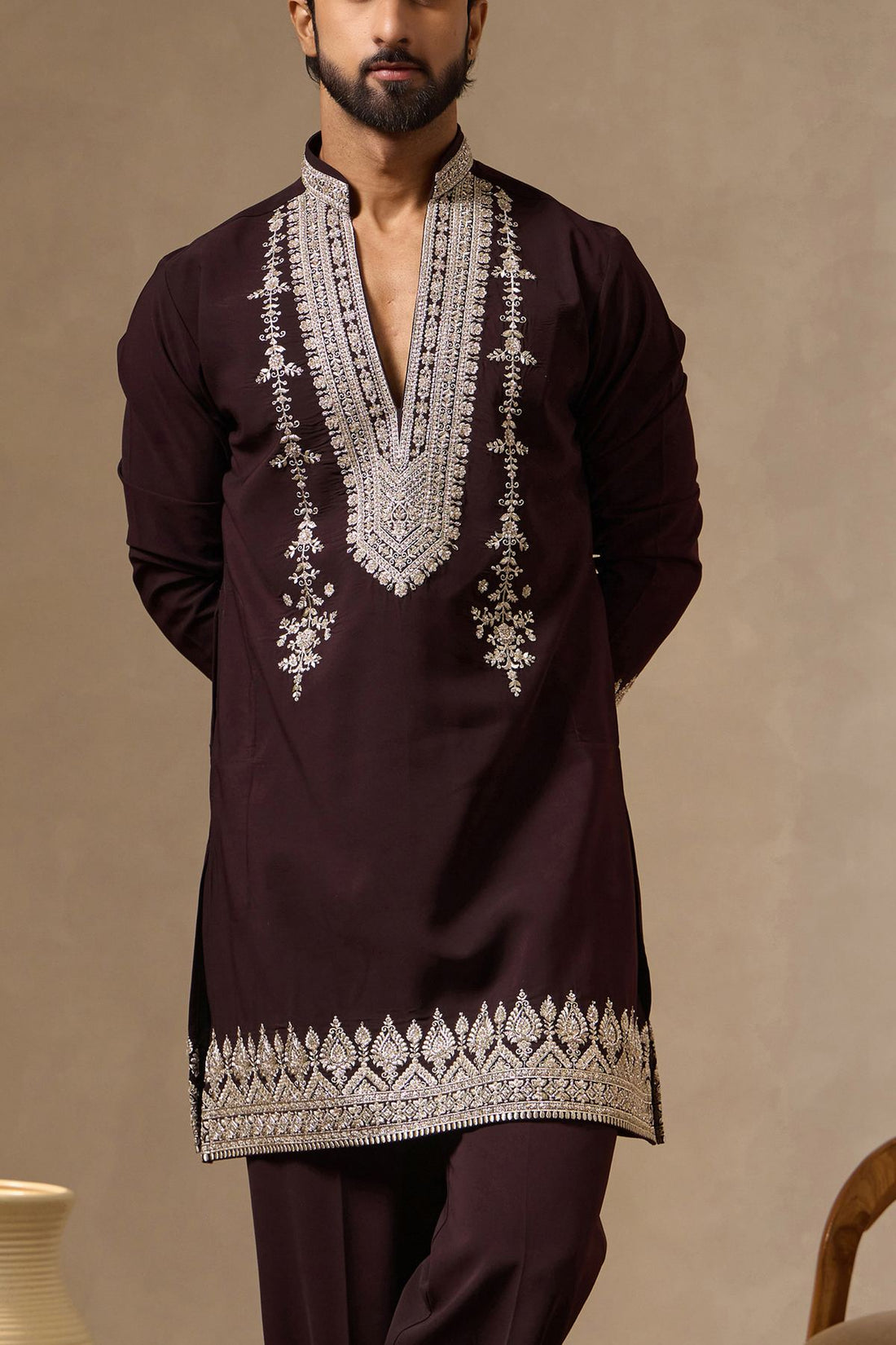 Wine Premium V-Neck Designer Kurta Set with Zari & Beadwork | Laromani