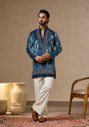 Powder Blue Textured Velvet Kurta with Bead Work for Men | Laromani