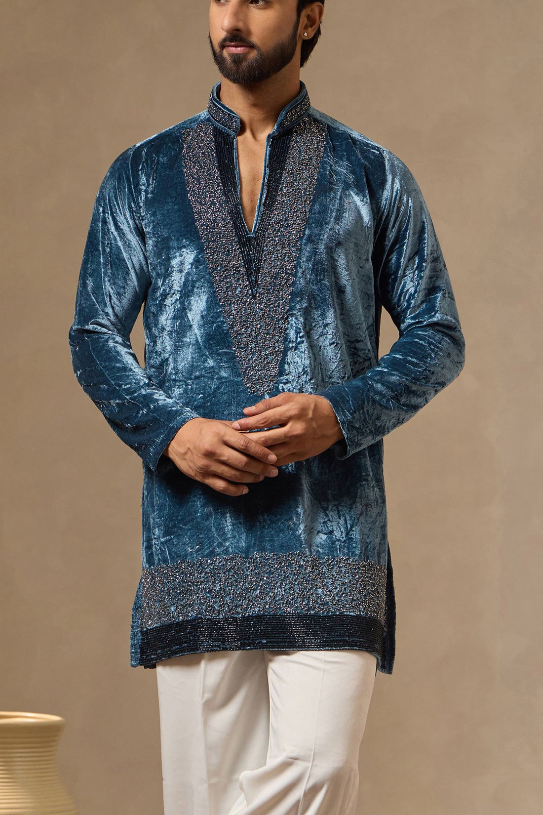 Powder Blue Textured Velvet Kurta with Bead Work for Men | Laromani