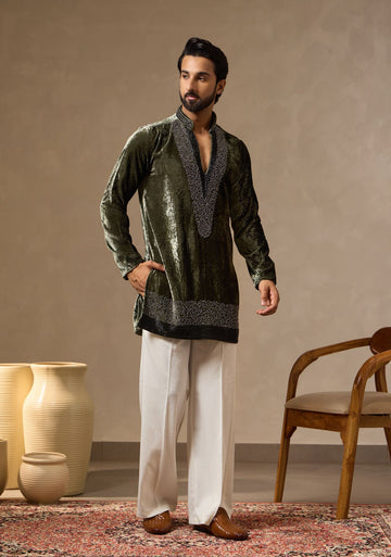 Dusk Green Textured Velvet Kurta with Bead Work for Men | Laromani