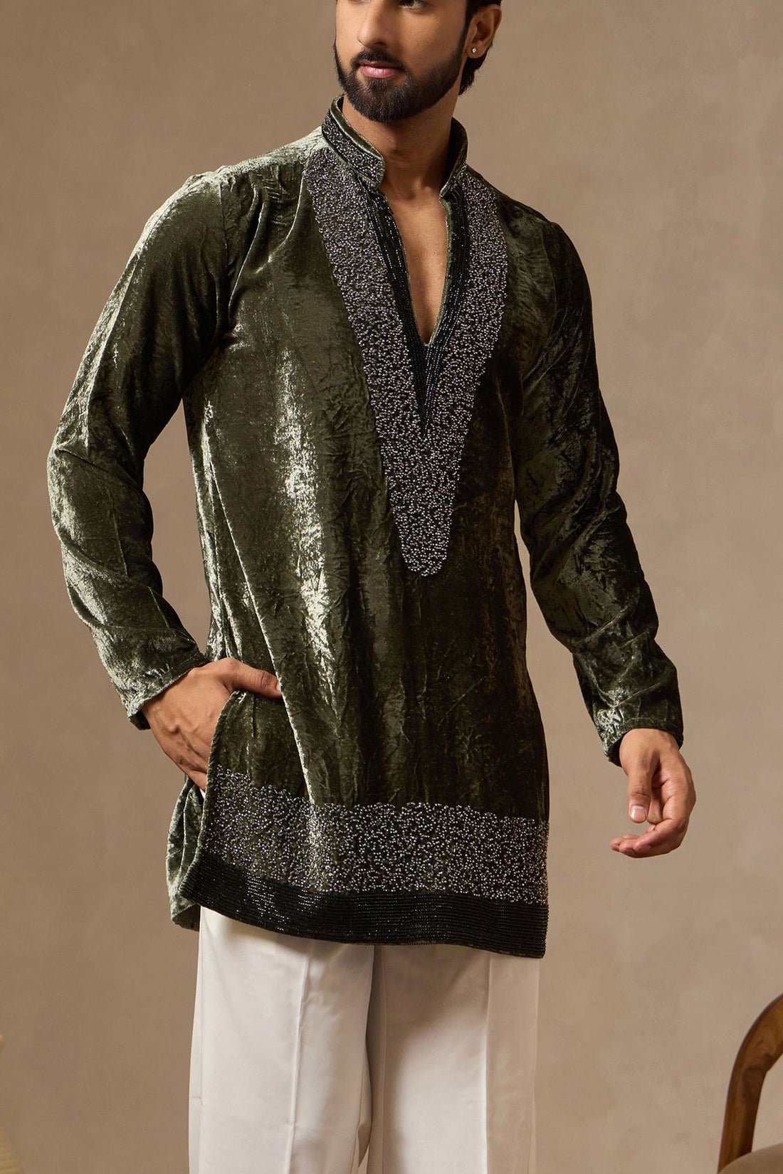 Dusk Green Textured Velvet Kurta with Bead Work for Men | Laromani