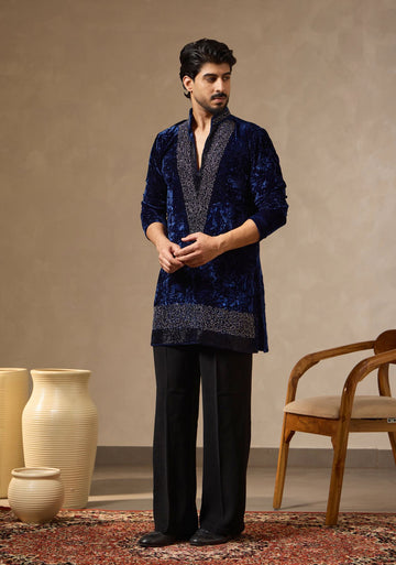 Royal Blue Textured Velvet Kurta with Bead Work for Men | Laromani