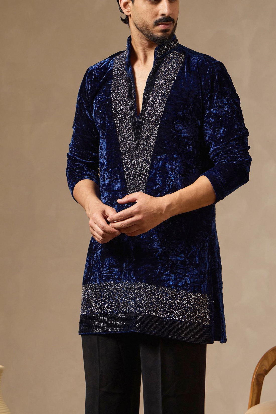 Royal Blue Textured Velvet Kurta with Bead Work for Men | Laromani