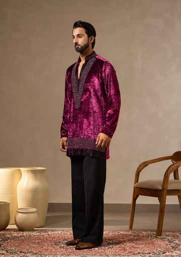 Deep Fuchsia Pink Textured Velvet Kurta with Bead Work for Men | Laromani