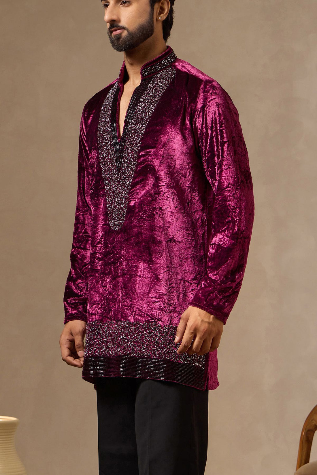 Deep Fuchsia Pink Textured Velvet Kurta with Bead Work for Men | Laromani