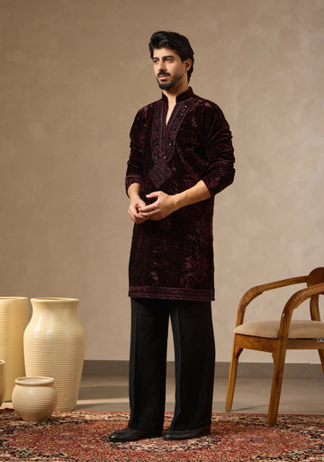 Coffee Brown Crushed Velvet Kurta with Cutdana Work for Men | Laromani
