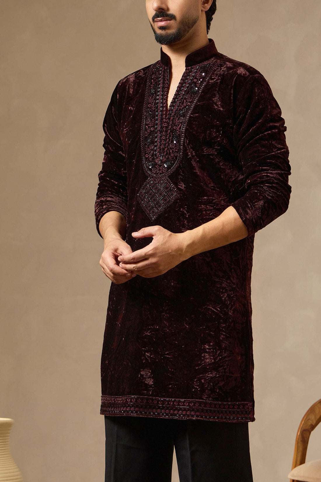 Coffee Brown Crushed Velvet Kurta with Cutdana Work for Men | Laromani