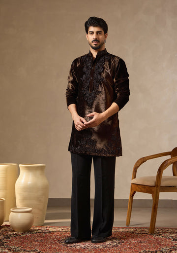 Deep Coffee Crushed Velvet Kurta Set for Men with Thread & Cutdana Embroidery