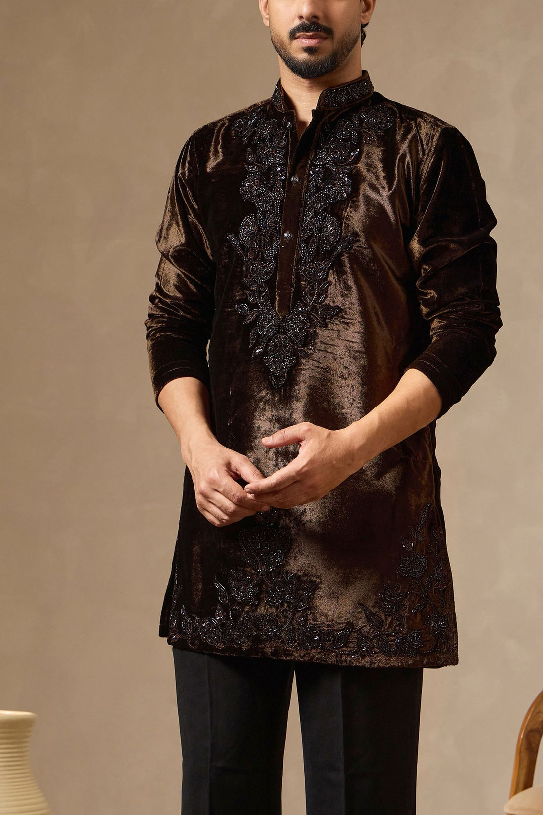 Deep Coffee Crushed Velvet Kurta Set for Men with Thread & Cutdana Embroidery
