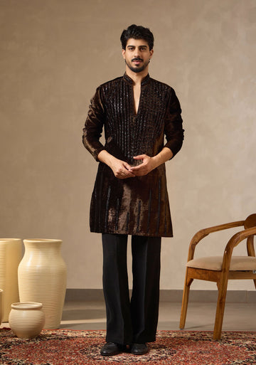 Coffee Crushed Velvet V-Neck Kurta with Cutdana Work | Laromani