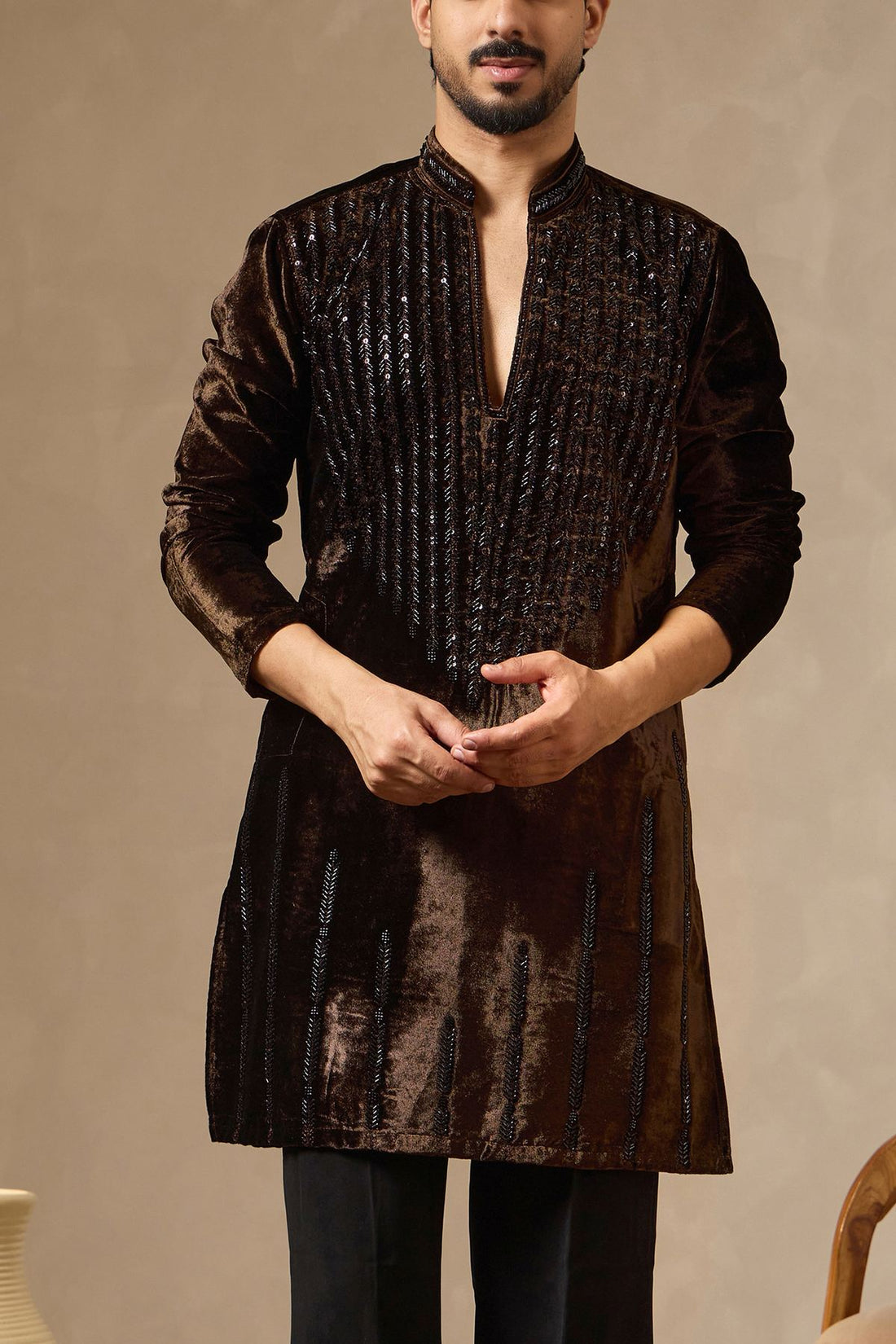 Coffee Crushed Velvet V-Neck Kurta with Cutdana Work | Laromani